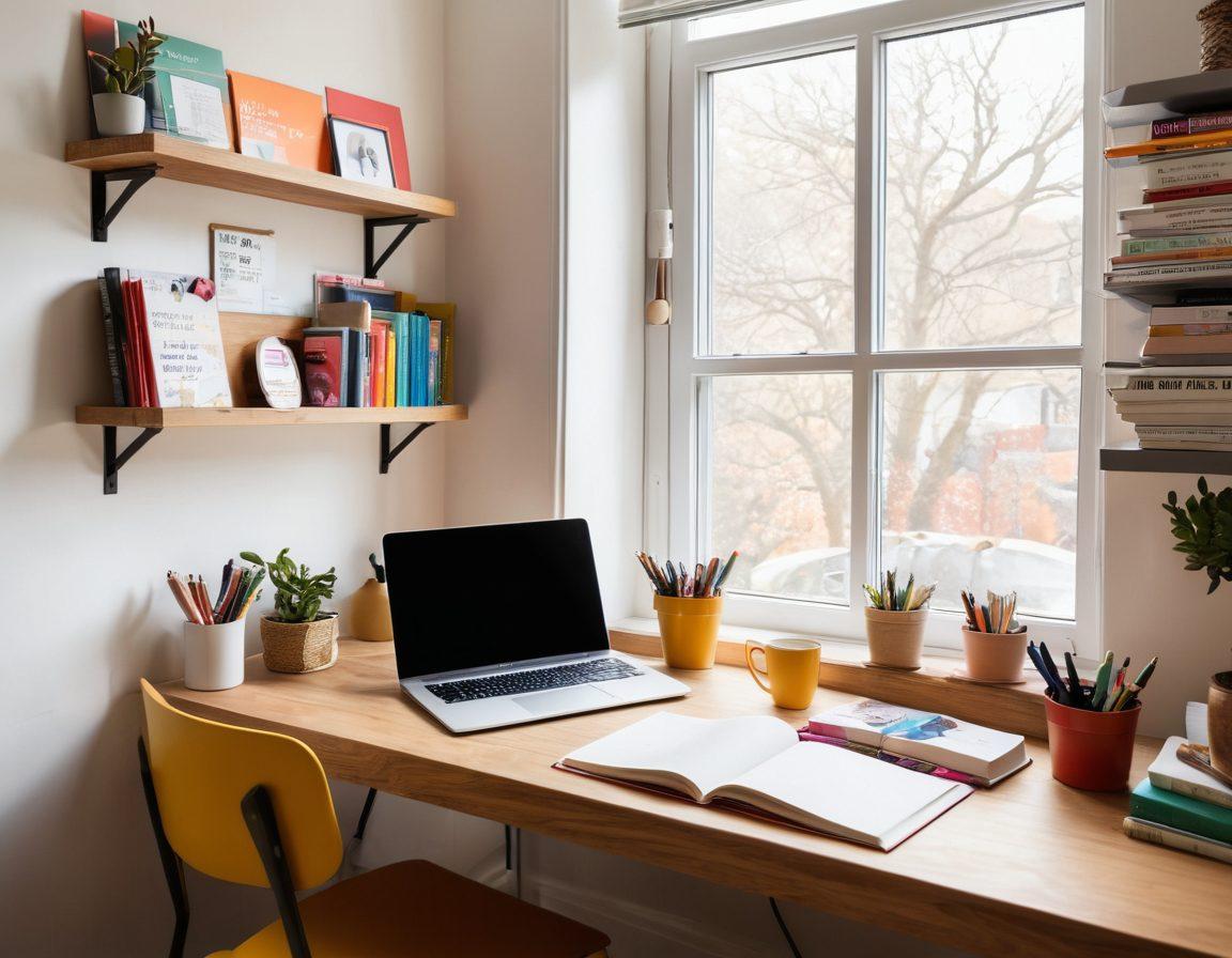 A visually appealing workspace featuring a laptop with an open blogging platform displaying captivating creative writing. Include essential blogging tools like a notebook, colorful pens, and a steaming coffee cup. Surround the workspace with vibrant books and inspiration quotes on the wall. Soft natural light filtering through a window. modern minimalistic style. vibrant colors. cozy atmosphere.