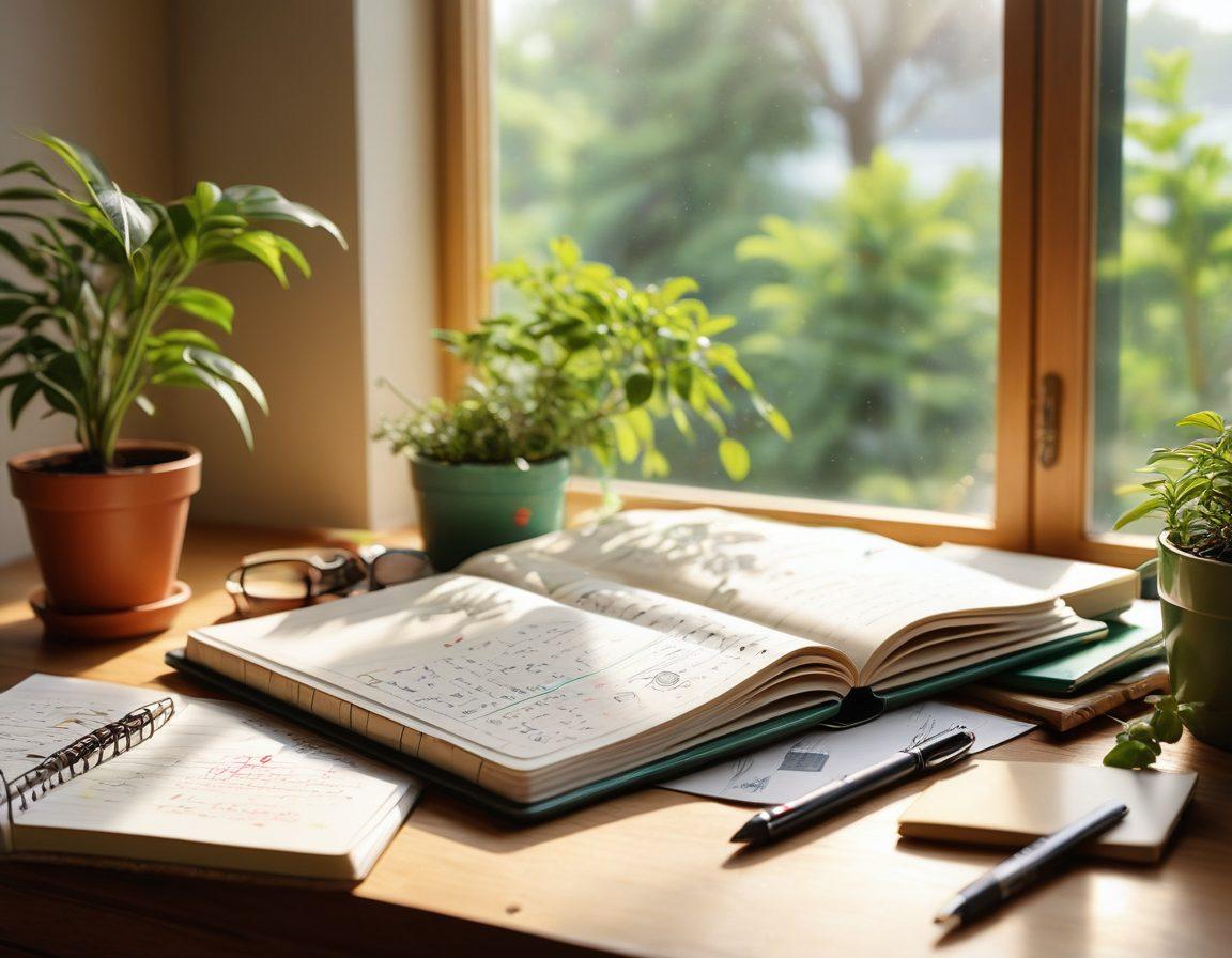 A beautifully designed, open online notebook with colorful pages filled with handwritten notes, doodles, and sketches. Bright light spills in from a window, illuminating a cozy workspace with a laptop, coffee cup, and stationery scattered around. Include a soft-focus background of a lush green plant and motivational quotes framed on the wall. super-realistic. vibrant colors. cozy atmosphere.