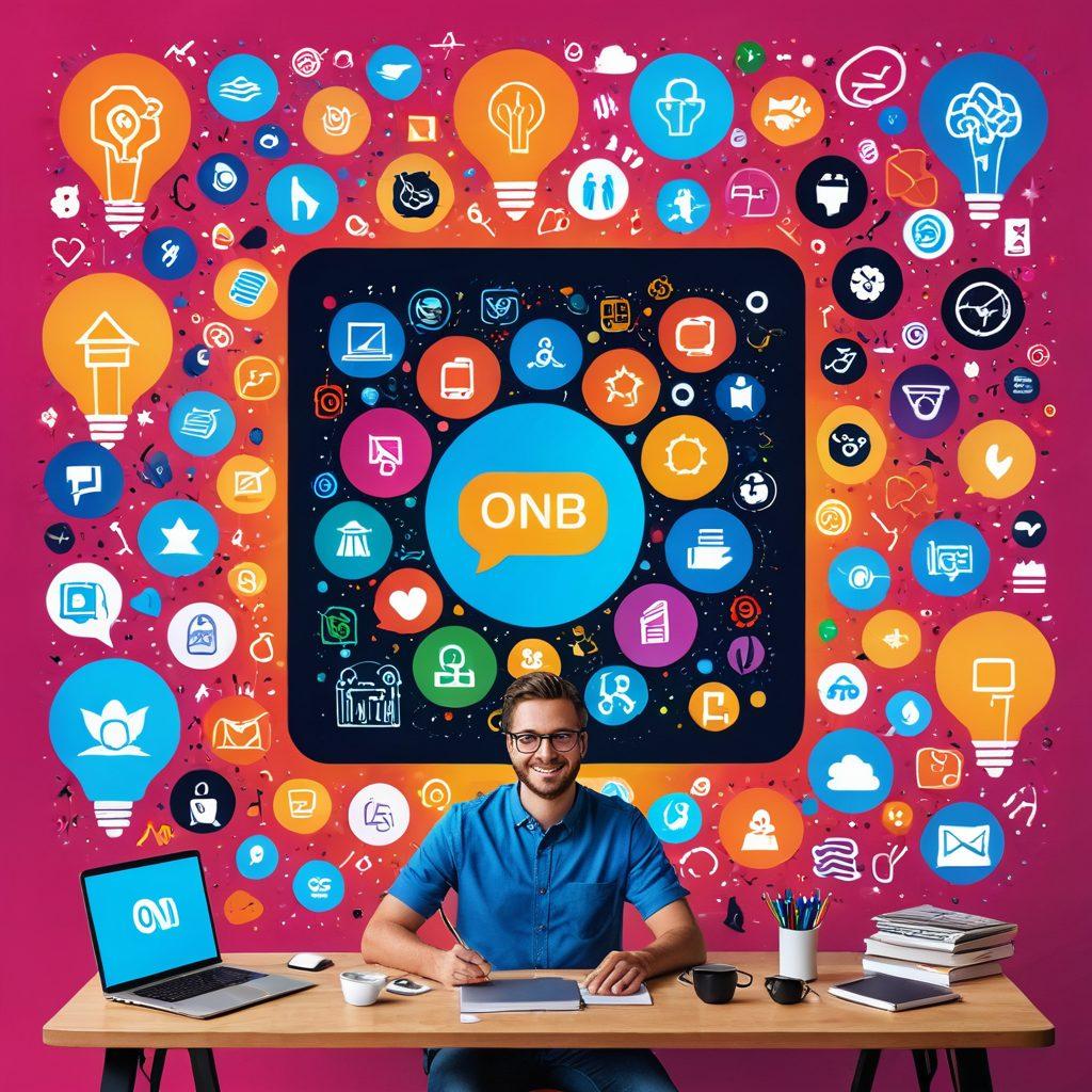 A vibrant collage showcasing the ONB platform interface with colorful, engaging icons representing creativity tools like video editing, blogging, and graphic design. Include diverse individuals collaborating, brainstorming, and creating content around a large digital screen displaying the ONB logo. Add elements of inspiration, like light bulbs and colorful doodles, to evoke creativity. Use bright colors and a modern, tech-savvy aesthetic. super-realistic. vibrant colors. 3D.